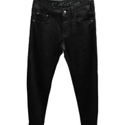 Black slim-fit jeans with a faded wash on the thighs, featuring a silver metal button and a visible 'FANGPGSP' brand name on the waistband.