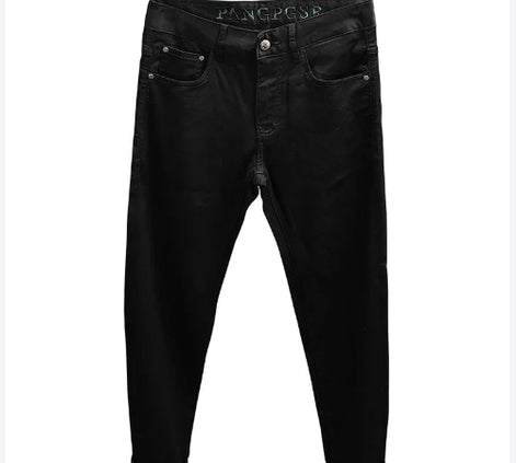 Black slim-fit jeans with a faded wash on the thighs, featuring a silver metal button and a visible 'FANGPGSP' brand name on the waistband.