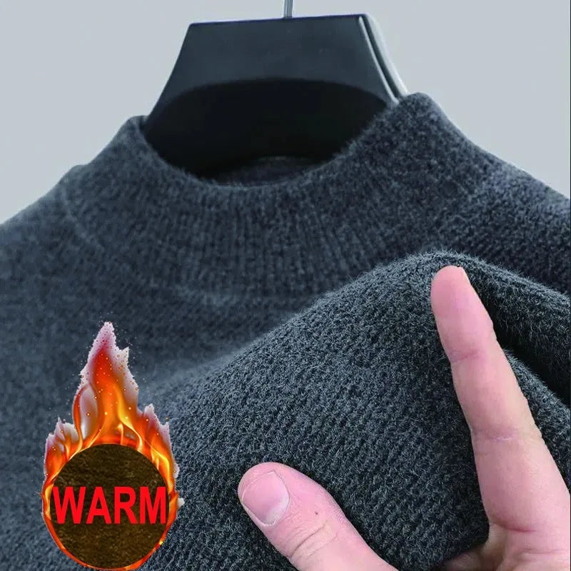 Dark gray turtleneck sweater with a hand touching the fabric, featuring a 'warm' icon.