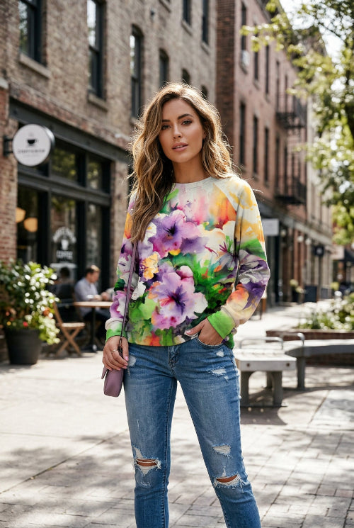 Person wearing a colorful floral sweatshirt with a blurred background