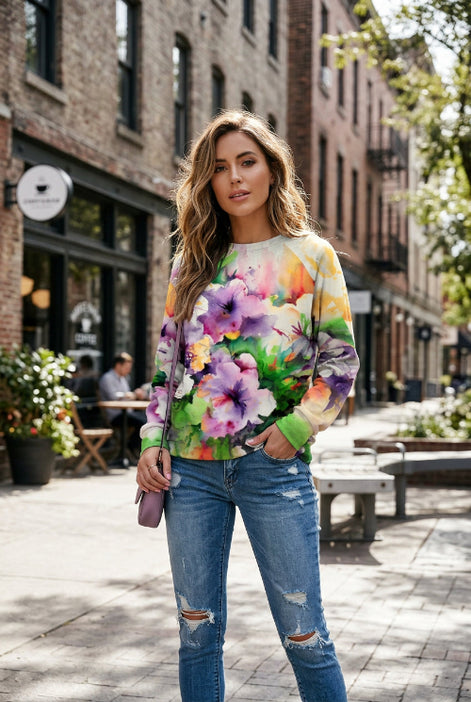 Person wearing a colorful floral sweatshirt with a blurred background