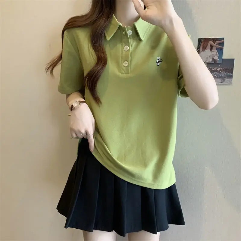 Pink Woman 100℅ Cotton Tshirt Embroidery Polo Neck T Shirt for Women Korean Clothing Y2k Fashion High Quality Youthful Elegant