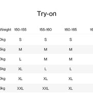 Size chart for clothing with height and weight ranges and corresponding size labels.