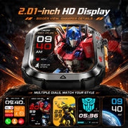 A smartwatch with a rugged black and silver metallic case, featuring a 2.01-inch HD display.