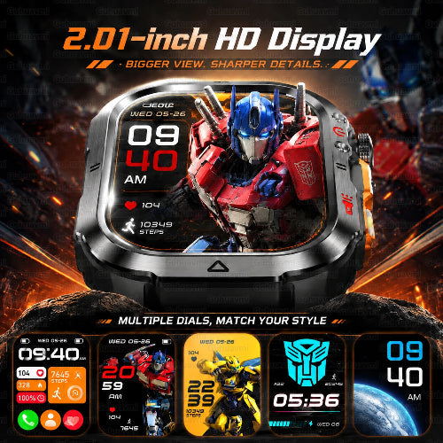 A smartwatch with a rugged black and silver metallic case, featuring a 2.01-inch HD display.