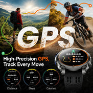 Promotional graphic for a smartwatch GPS feature, showing two outdoor activity scenes with a mountain landscape and a cyclist, large 'GPS' text, 