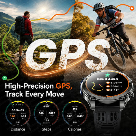Promotional graphic for a smartwatch GPS feature, showing two outdoor activity scenes with a mountain landscape and a cyclist, large 'GPS' text, 