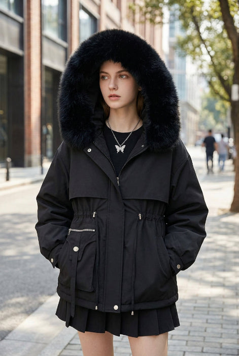 A black hooded winter parka jacket with a large black faux-fur trimmed hood, displayed on a mannequin in an indoor room setting.