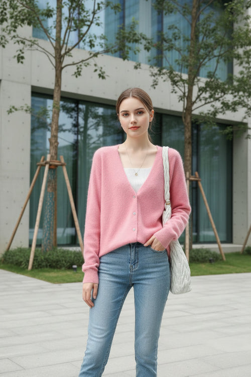 A pink fuzzy V-neck cardigan sweater worn by a model, styled over a white ribbed top and paired with a white woven handbag, 