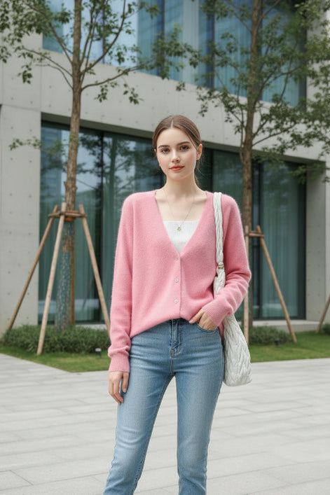 A pink fuzzy V-neck cardigan sweater worn by a model, styled over a white ribbed top and paired with a white woven handbag, 