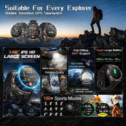 A promotional collage for a rugged outdoor GPS smartwatch, showing multiple watch faces, a person standing on a mountain peak, 