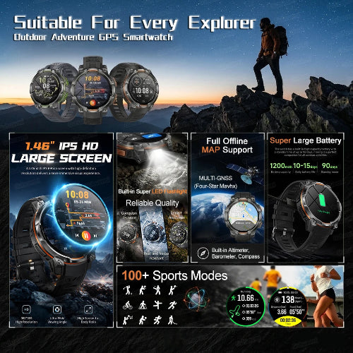 A promotional collage for a rugged outdoor GPS smartwatch, showing multiple watch faces, a person standing on a mountain peak, 