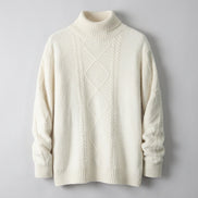 An off-white cable-knit mock neck sweater displayed on a wooden hanger against a plain white background.