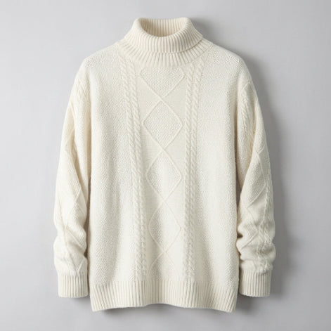 An off-white cable-knit mock neck sweater displayed on a wooden hanger against a plain white background.