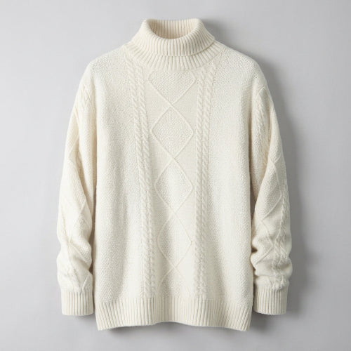 An off-white cable-knit mock neck sweater displayed on a wooden hanger against a plain white background.
