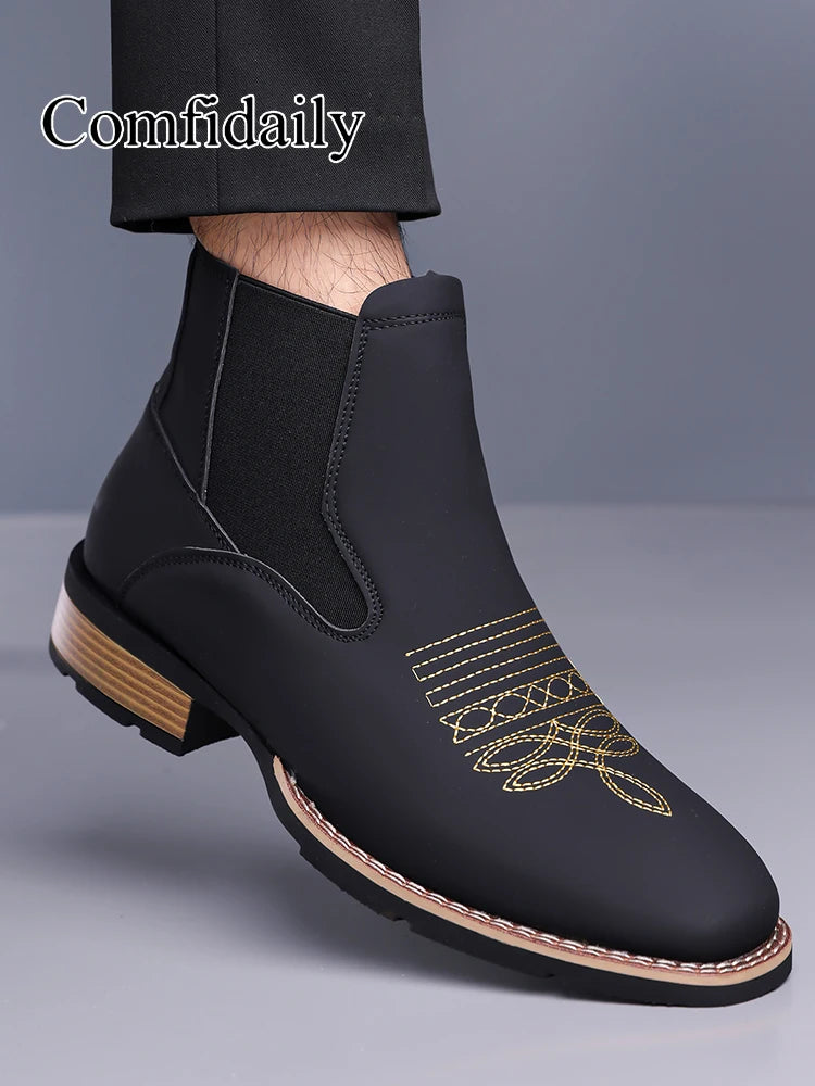 Retro Men Chelsea Boots Classic Brown Embroidery Boots High Quality Business Casual British Style Street Western Ankle Boots