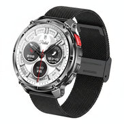 Smartwatch with black mesh band on a dark background with feature text overlay