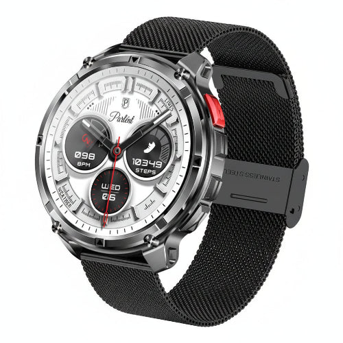 Smartwatch with black mesh band on a dark background with feature text overlay