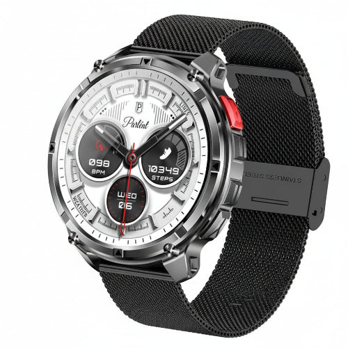 Smartwatch with black mesh band on a dark background with feature text overlay
