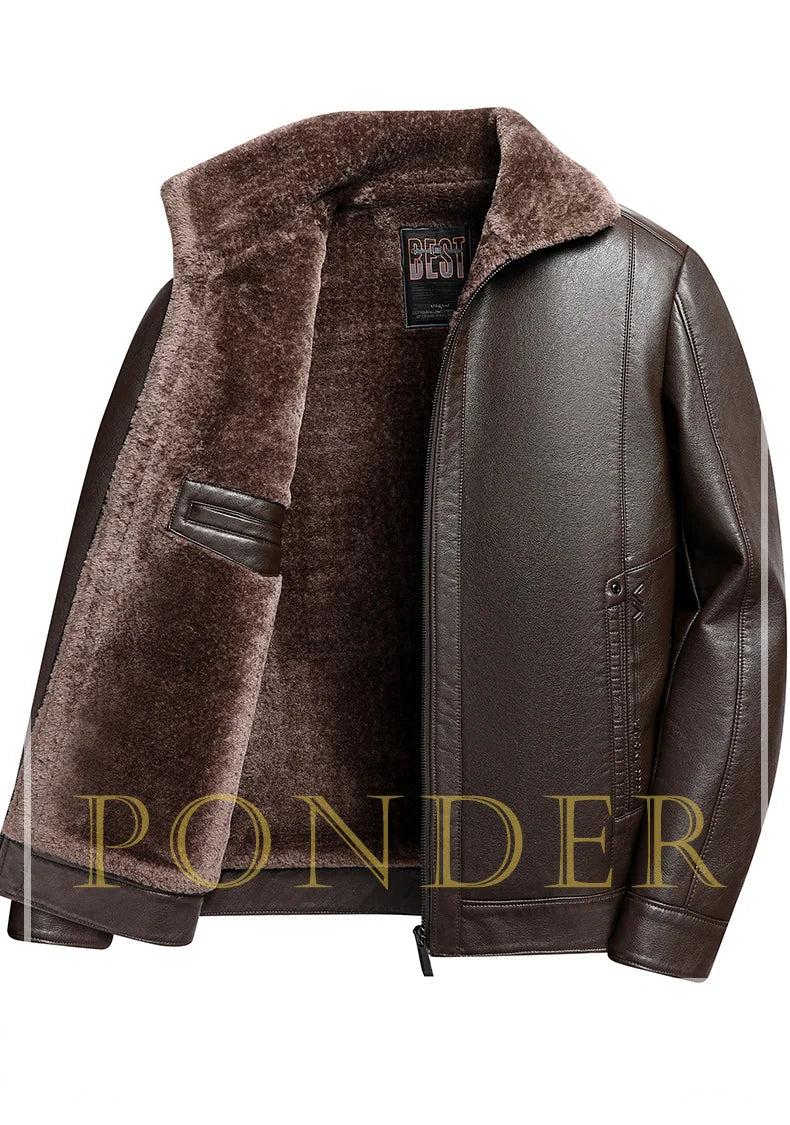 Add Fleece and Thickening Winter Dad Leather Jacket for Middle-aged Grandpa Fur Collar Middle-aged Men's Coat for Warmth