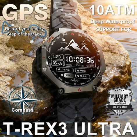 GPS watch with military grade certification on a rocky background