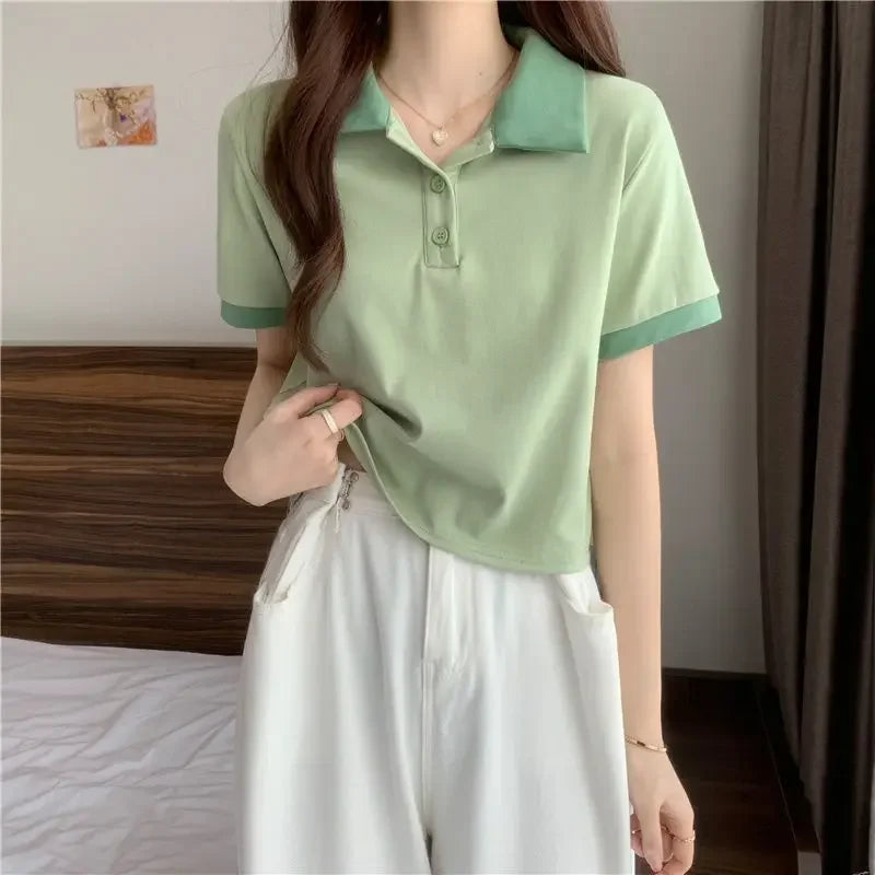 Plain Female Tee Slim Women's Polo Shirts T-shirts Short Sleeve T-shirt in Trend 2025 Youthful Clothes Korean Clothing Elegant