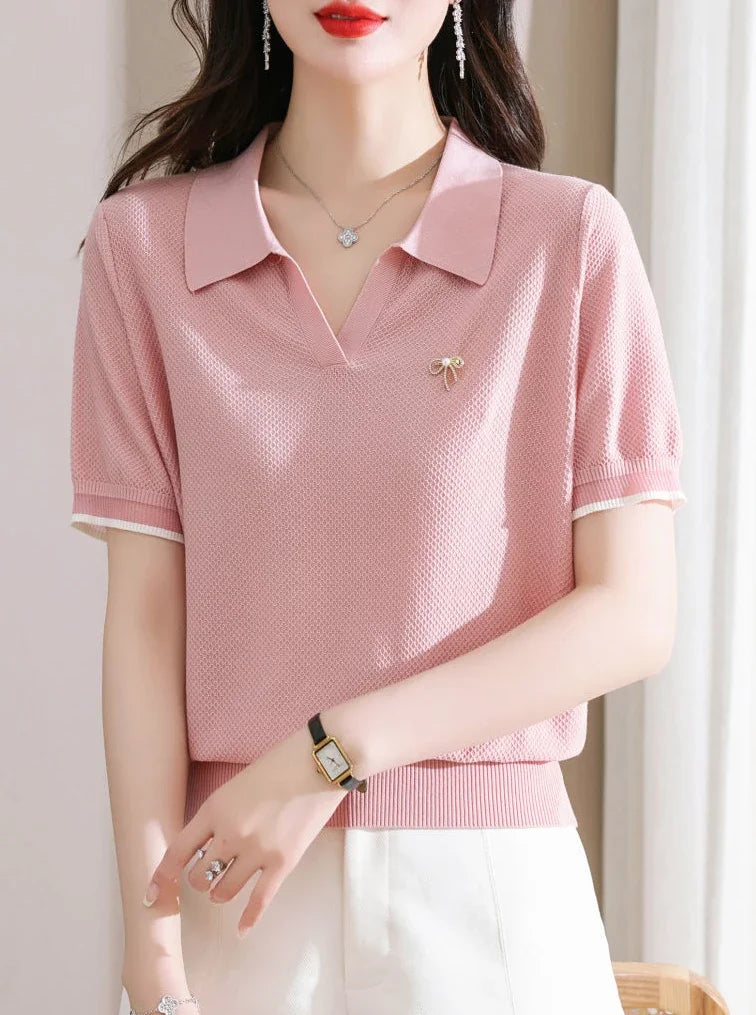 Female Tee Baggy Plain Knitted Cute T-shirts Kawaii Women's Polo Pulovers Offer Comfortable Summer 2025 with Collar New On