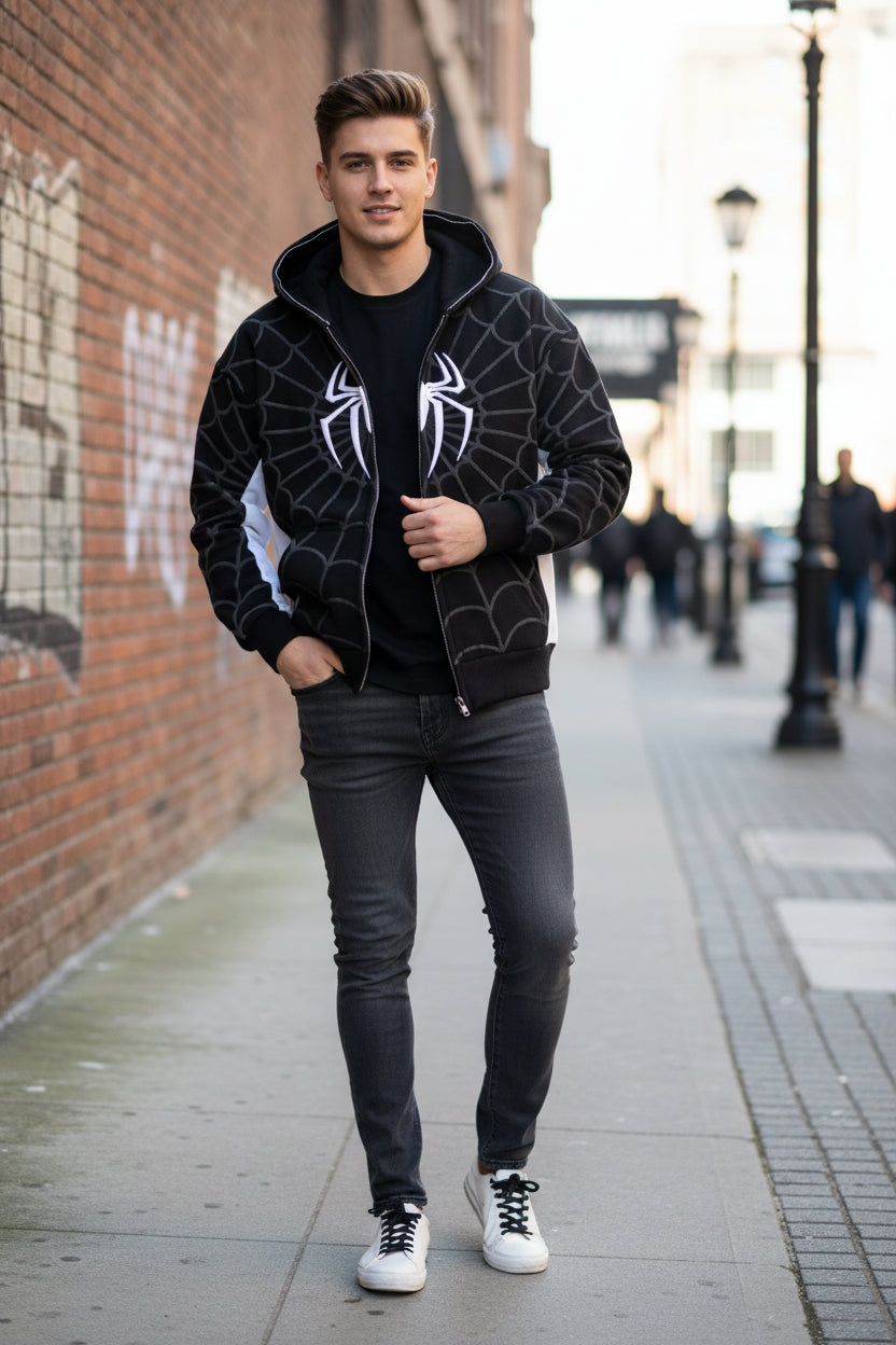 Black Spider-Man hoodie with white accents on a textured surface