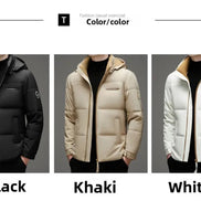 Three color options of a men's puffer jacket shown on models: black, khaki, and white. The image includes a header that says 'T Fashion casual overcoat Color/color' and labels the colors 'Black', 'Khaki', and 'White' at the bottom.