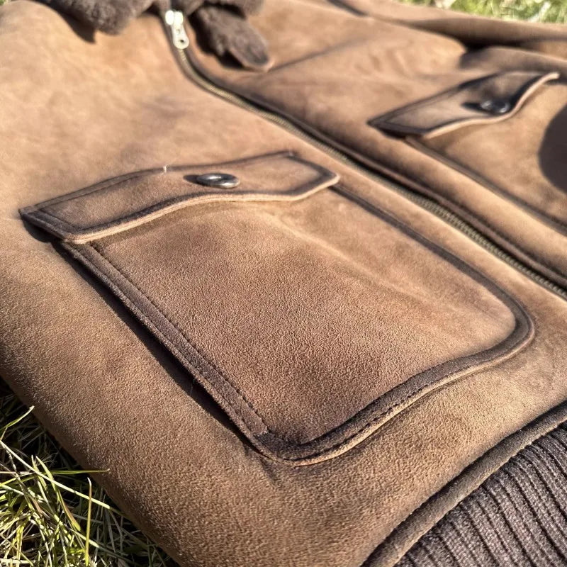 Luxury Genuine Leather Suede Men Jacket Wool Lining Coat Retro Winter Warm Sheepskin Jackets Turndown Collar Real Fur Outerwear