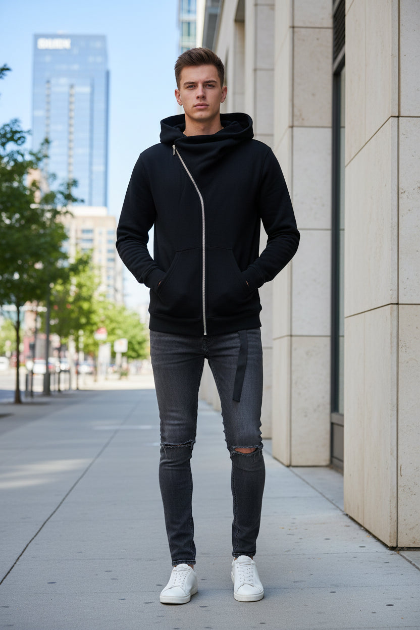Black hoodie with a zipper on a white background