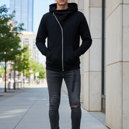 Black hoodie with a zipper on a white background
