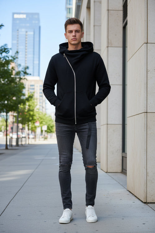 Black hoodie with a zipper on a white background