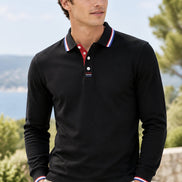 A black long-sleeve polo shirt with a classic collar, featuring red, white, and blue striped trim on the collar and cuffs, and a three-button placket.