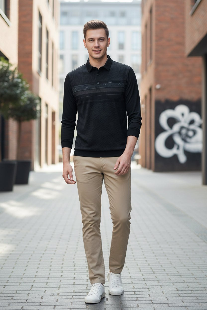Luxury Wool Blend Fabric Men's Long Sleeve Polo  Classic