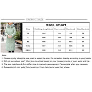 Product size chart and sizing table for a long puffer coat, with a small model photo on the left and measurements in centimeters for sizes M through XXXL. Text notes follow the sizing chart.