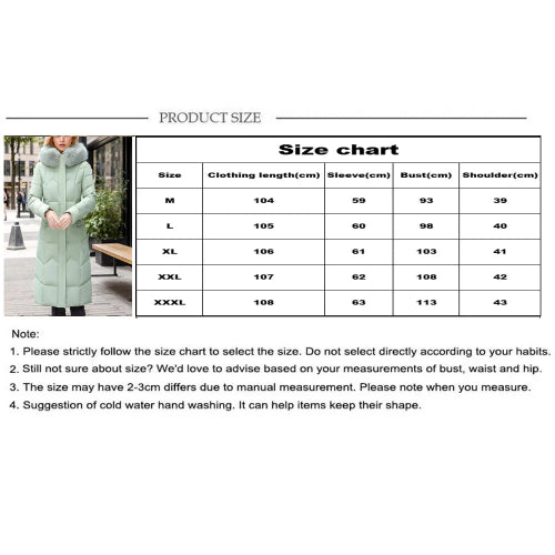 Product size chart and sizing table for a long puffer coat, with a small model photo on the left and measurements in centimeters for sizes M through XXXL. Text notes follow the sizing chart.