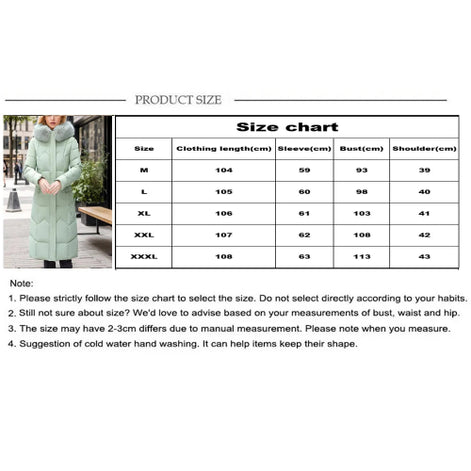 Product size chart and sizing table for a long puffer coat, with a small model photo on the left and measurements in centimeters for sizes M through XXXL. Text notes follow the sizing chart.