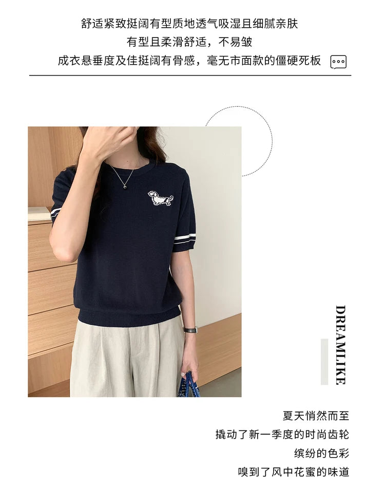Summer 100% cotton women's T-shirt casual solid color knitted pullover short sleeved loose round neck Tees Pull embroidered Tops