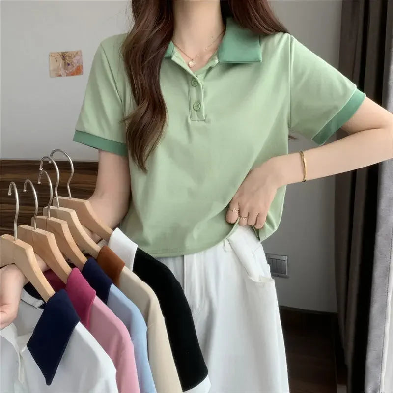 Plain Female Tee Slim Women's Polo Shirts T-shirts Short Sleeve T-shirt in Trend 2025 Youthful Clothes Korean Clothing Elegant