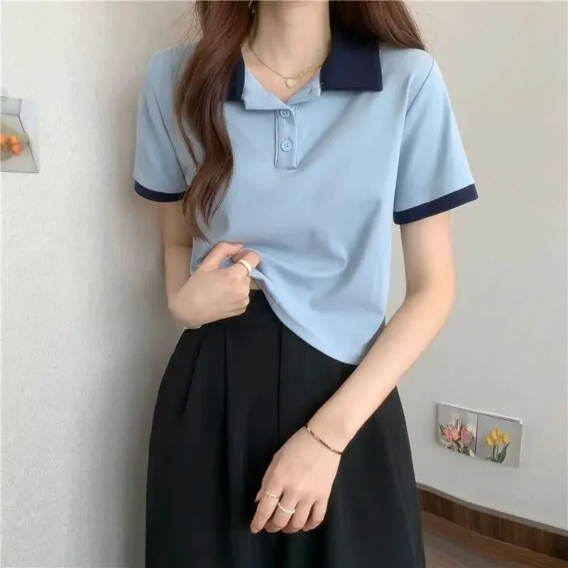 Plain Female Tee Slim Women's Polo Shirts T-shirts Short Sleeve T-shirt in Trend 2025 Youthful Clothes Korean Clothing Elegant