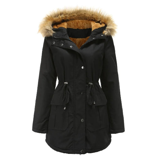 A black hooded parka jacket with a brown faux-fur trimmed hood and a warm brown lining, featuring a drawstring waist and front button closure, 