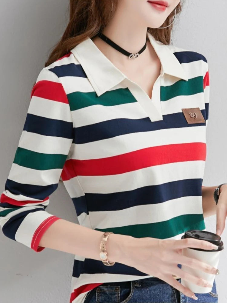 Slimming Striped Polo T-Shirt for Women 100% Cotton Long Sleeve Innerwear for 2026 Transitional Wardrobe