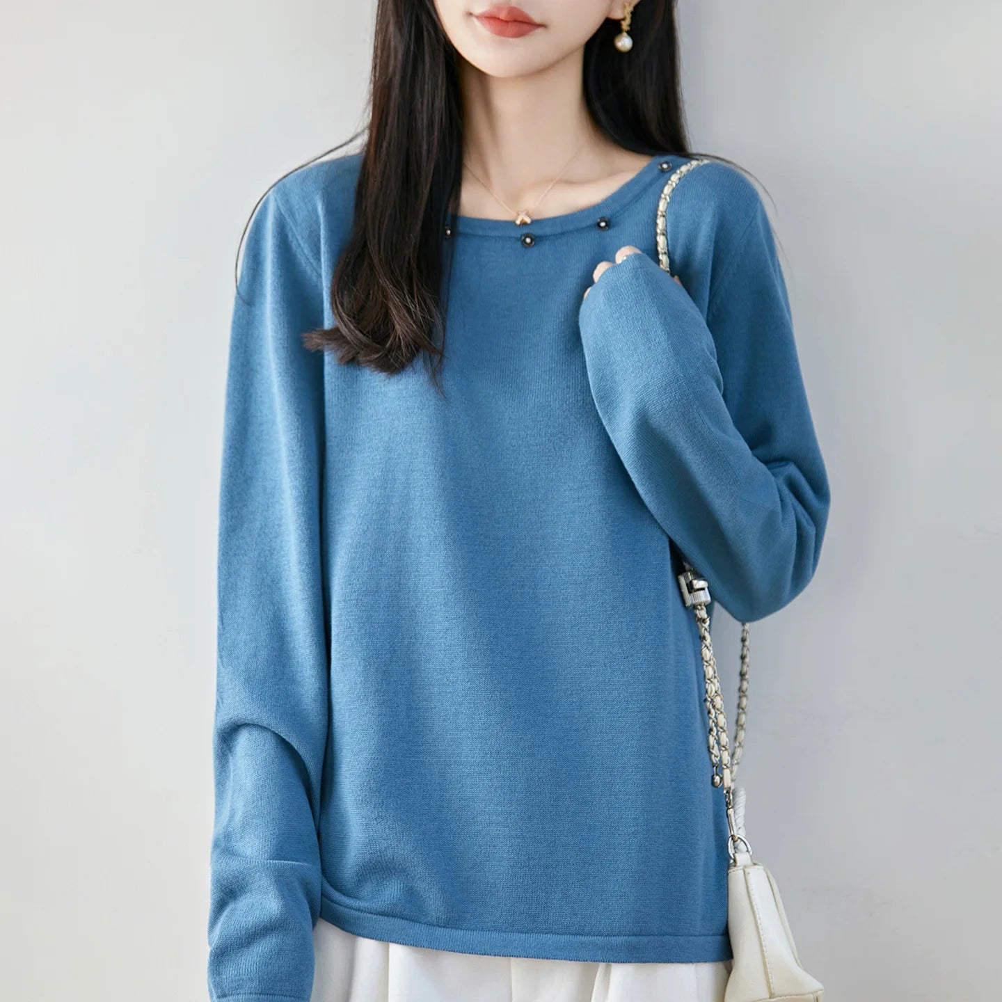 High end fashion 100% pure cotton women's sweater casual knitted round neck pullover autumn and winter solid color women's top