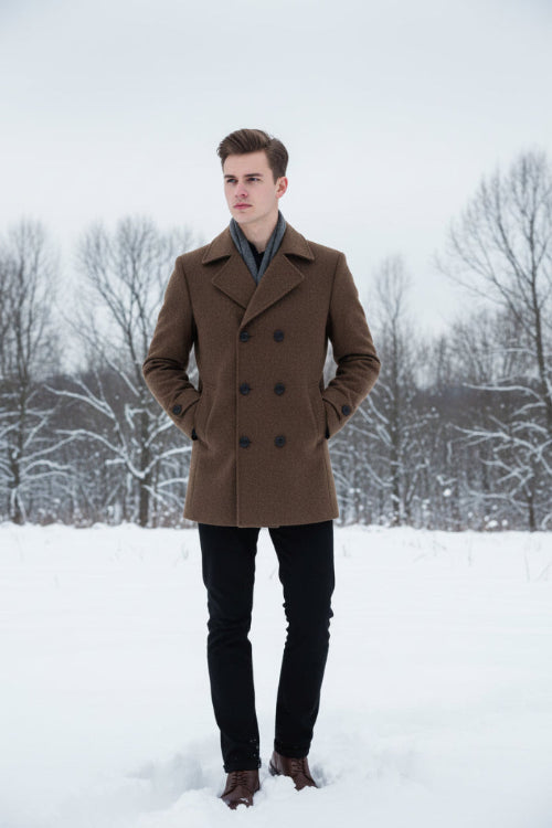 A men's double-breasted overcoat in a textured brown fabric, featuring a notch lapel collar, dark buttons, and a draped front closure,