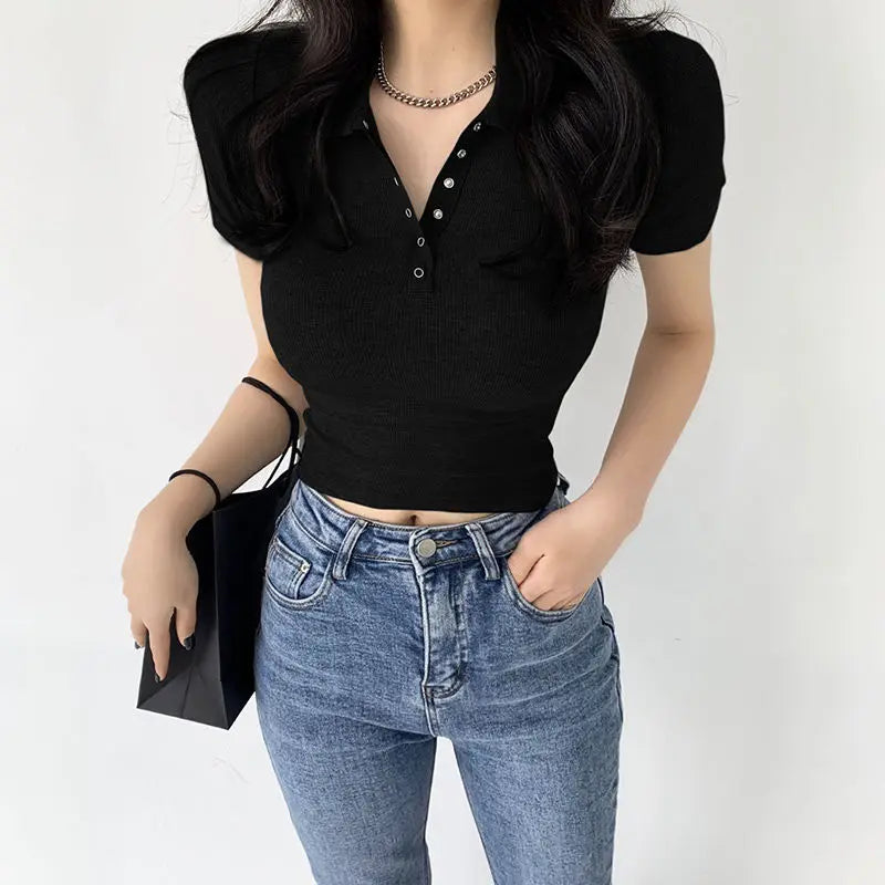 Polo Neck Shirt for Women Sexy Woman T Coquette Clothes Plain 100℅ Cotton Button Slim Korean Style with Collar Pretty Cheap Tops