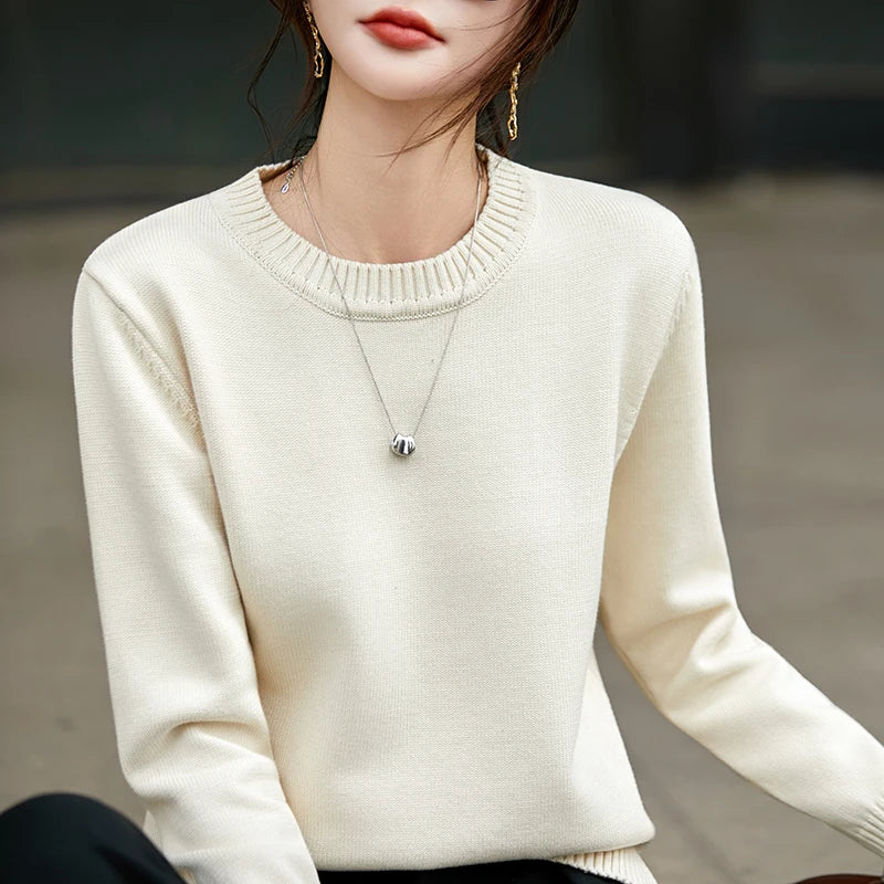 Women's autumn and winter 100% pure cotton knitted round neck soft pullover casual solid color warm sweater fashionable hot sell