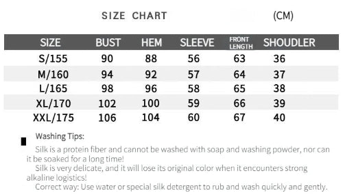 Size chart listing bust, hem, sleeve, front length, and shoulder measurements in centimeters for sizes S to XXL, with washing tips.