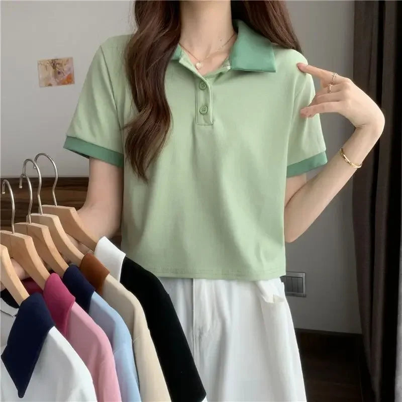 Plain Female Tee Slim Women's Polo Shirts T-shirts Short Sleeve T-shirt in Trend 2025 Youthful Clothes Korean Clothing Elegant