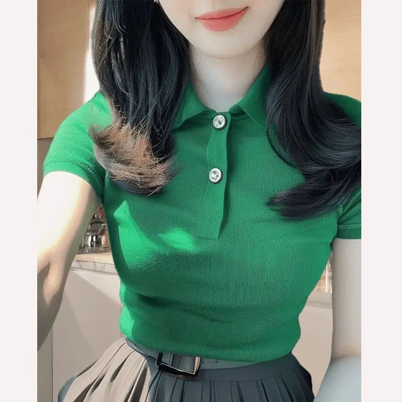 2026 Summer New Solid Color Short Sleeve Stylish Slim Fit Korean Style Polo Collar Hot Girl Top for Women